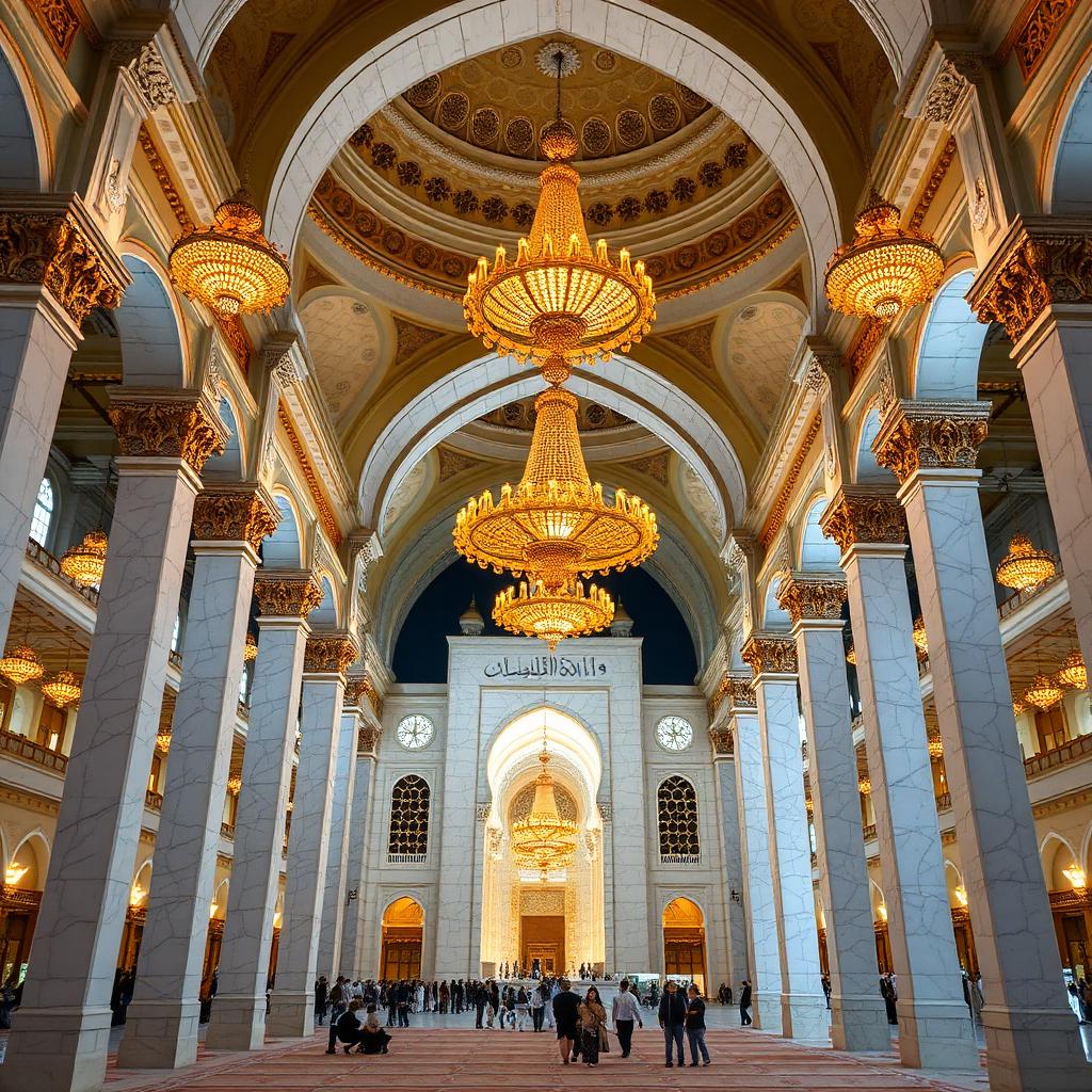 Interior of Masjid al-Haram with golden chandeliers