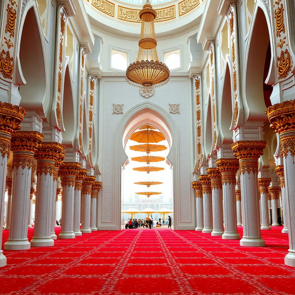 Interior of Masjid an-Nabawi with red carpets and golden pillars