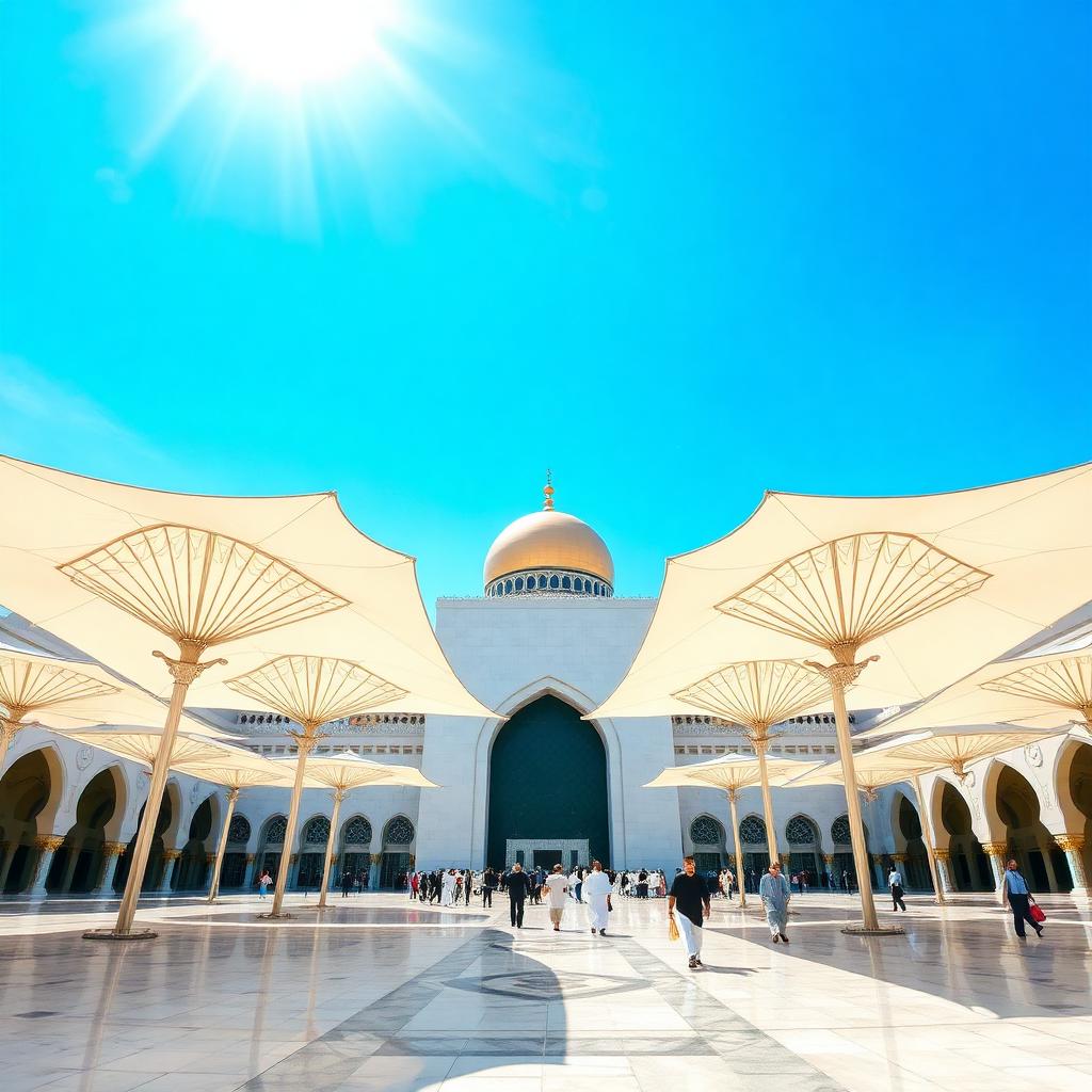 Courtyard of Masjid an-Nabawi with white retractable umbrellas